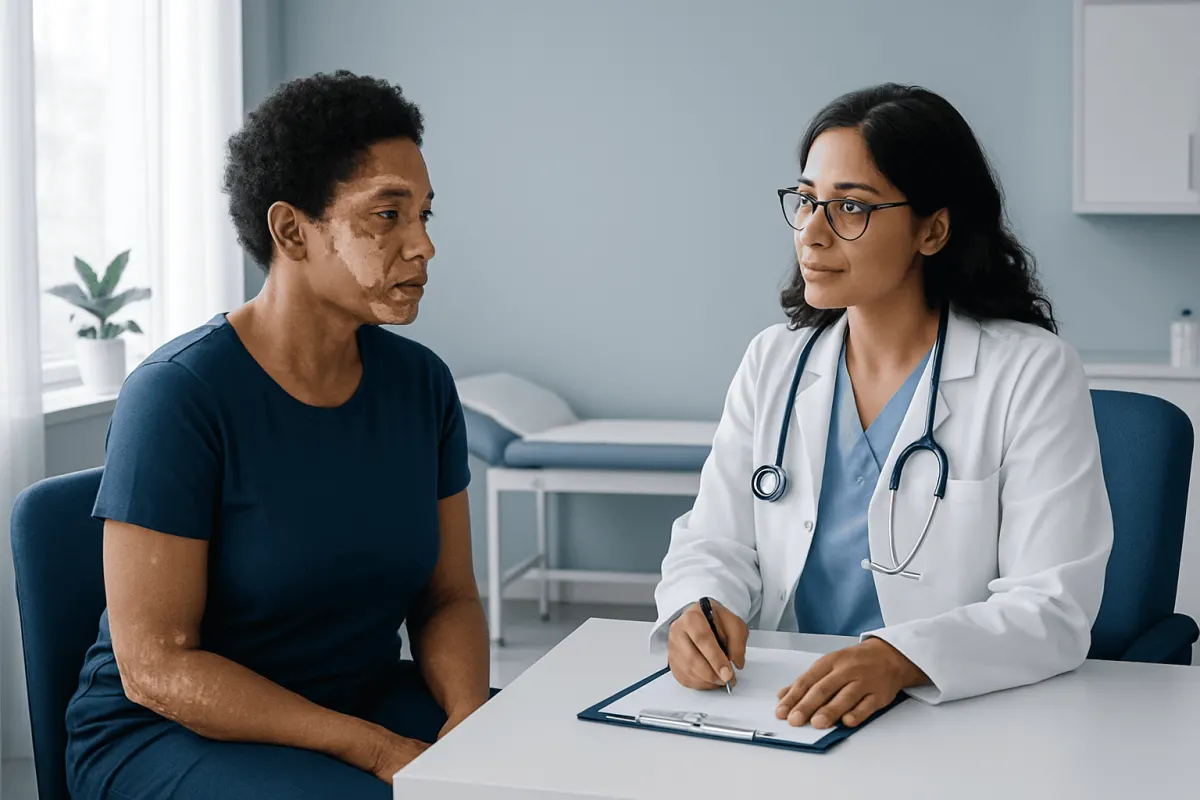 Doctor consulting with a patient about skin discoloration in a clinical setting.