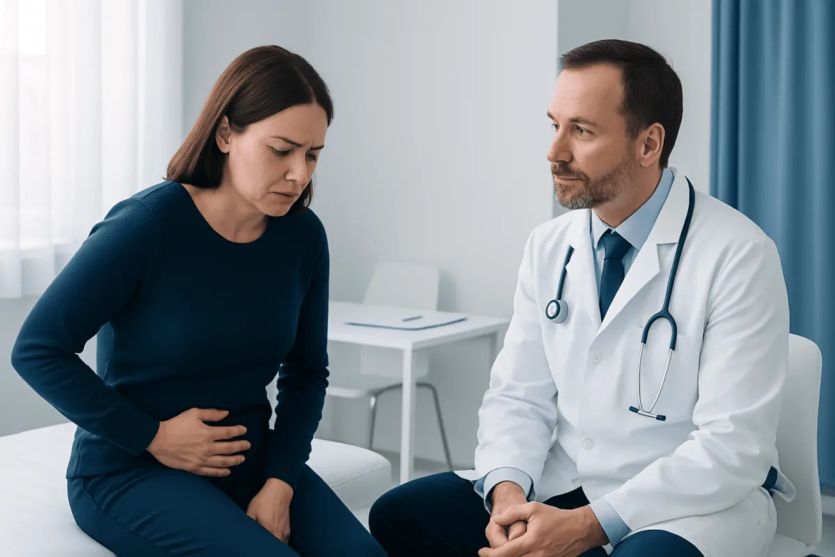 Doctor consulting with a woman patient about abdominal discomfort.