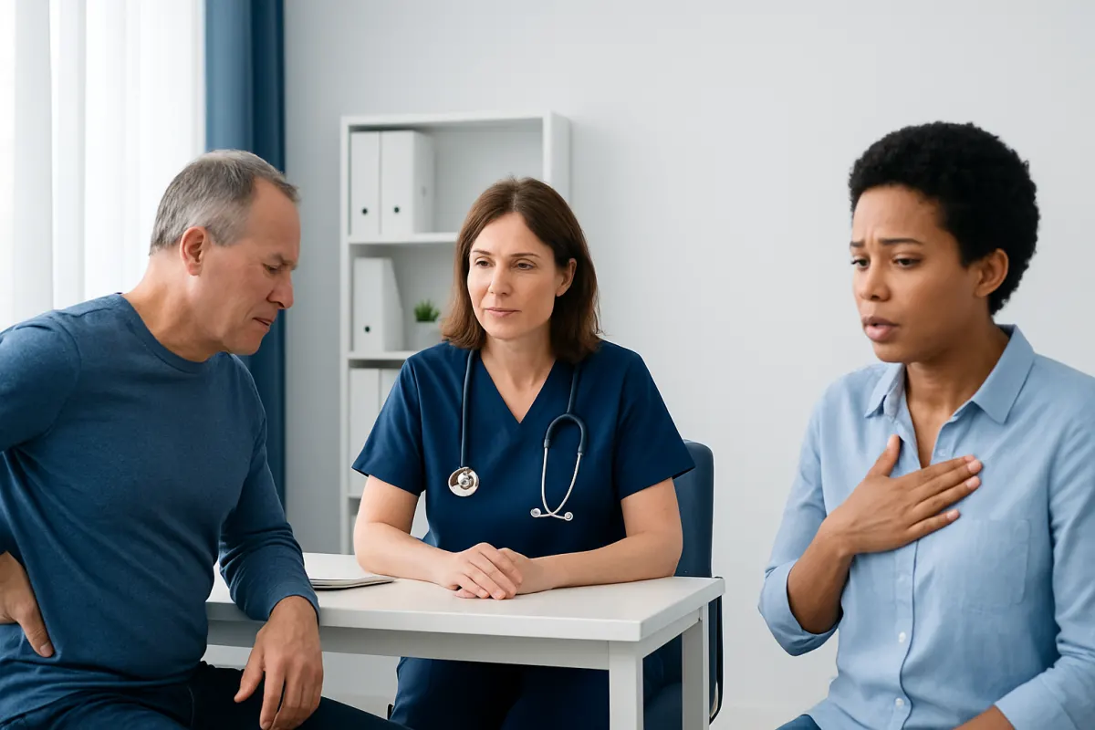 Doctor consulting with patient about backache and shortness of breath.
