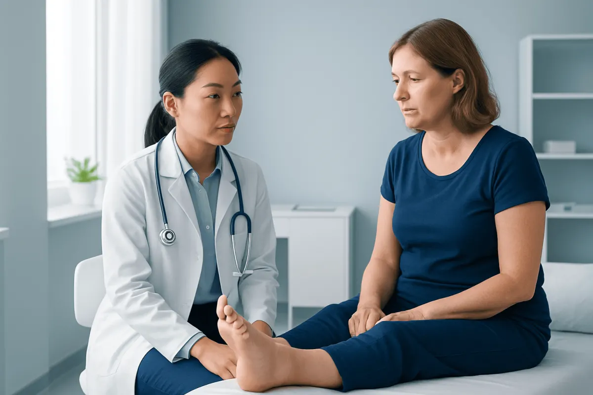 Doctor examining woman's swollen foot in clinic setting.