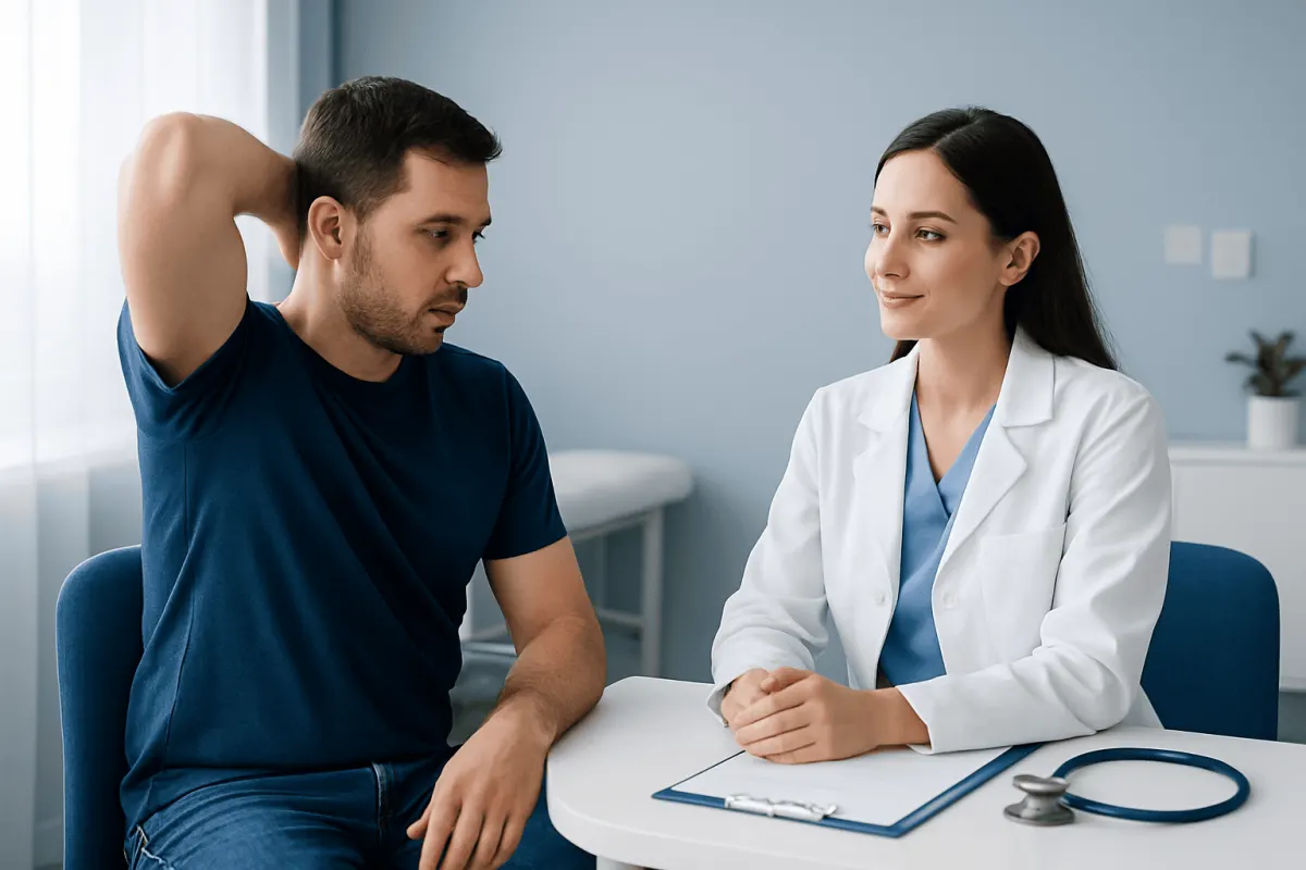 Doctor consulting with a male patient in a medical office.