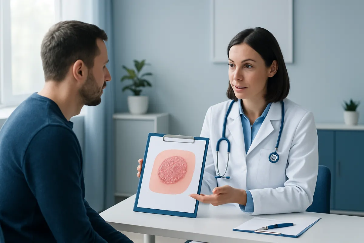 Doctor explaining skin plaque condition to patient with visual aid.