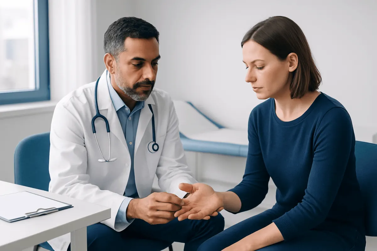 Doctor examining patient's hand for numbness or pain.