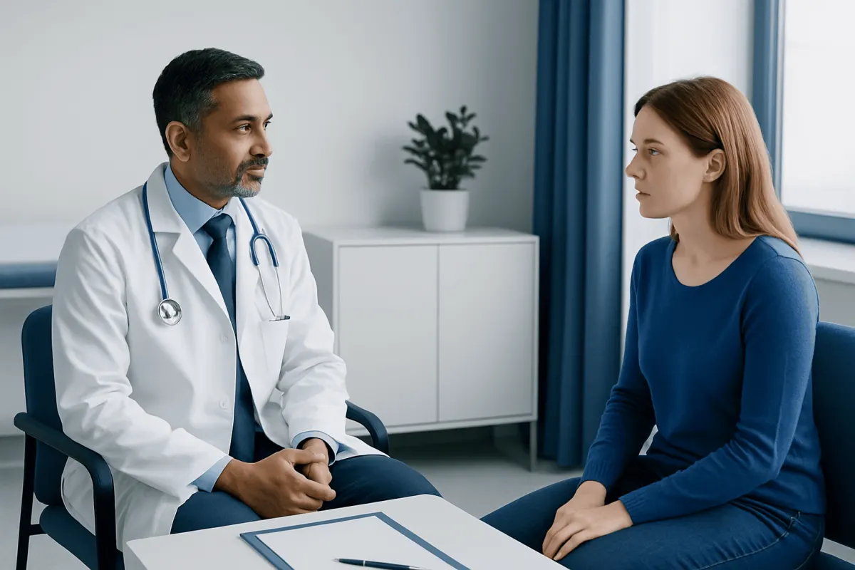 Doctor consulting with a young woman in a medical office setting.