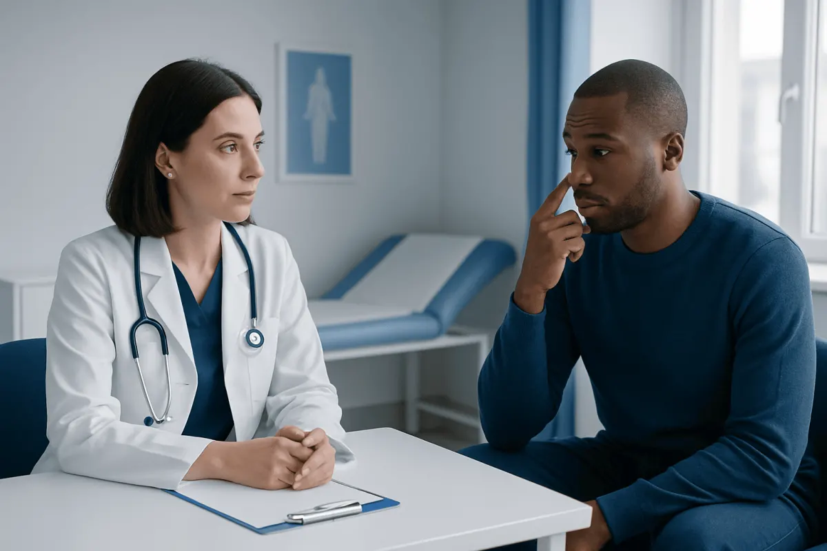 Doctor consulting with patient about nasal health in a clinical setting.