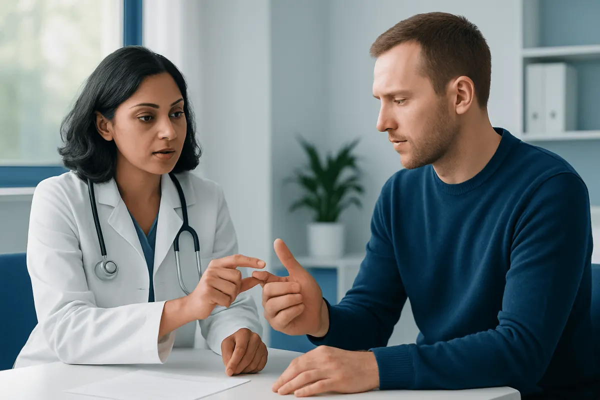 Doctor explaining finger pain to patient in consultation room.