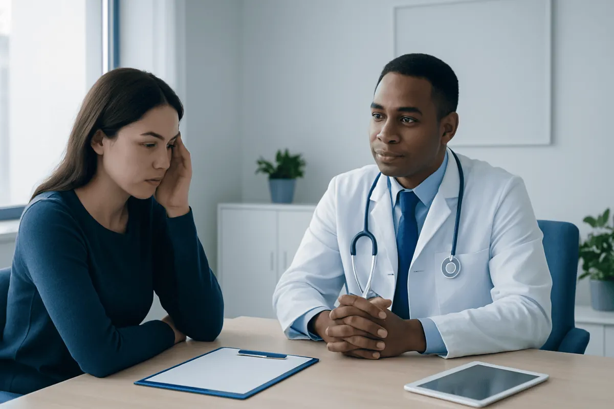 Doctor consulting with a patient about sleep issues in a modern clinic.