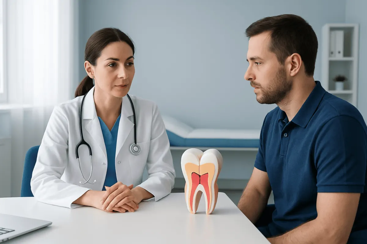 Dentist explaining tooth anatomy to patient in consultation room.
