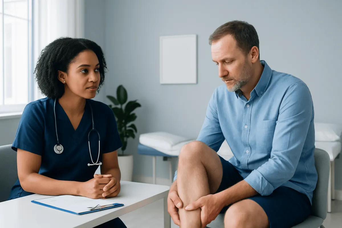Doctor consulting with a patient about a knee injury in a medical office.