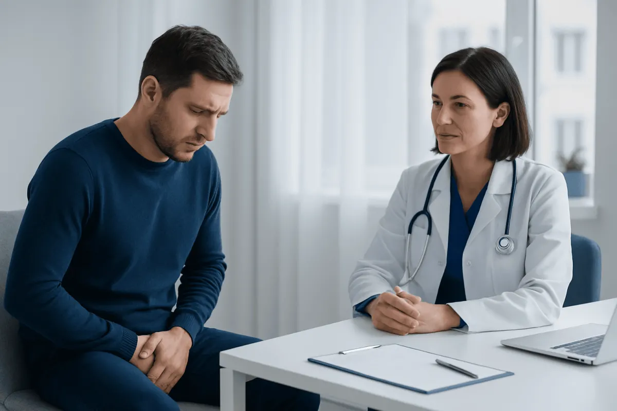 Doctor consulting male patient about penile pain in a clinical setting.