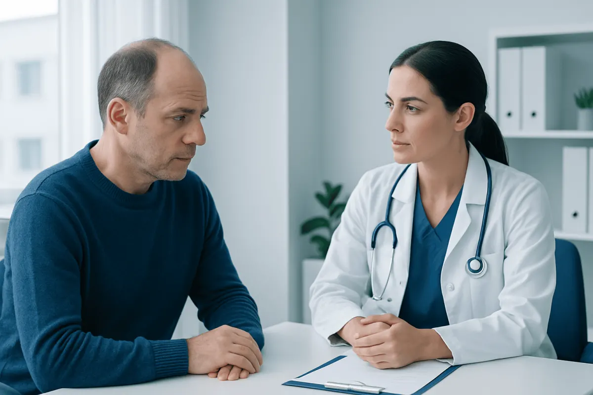Doctor consulting with male patient in a medical office.