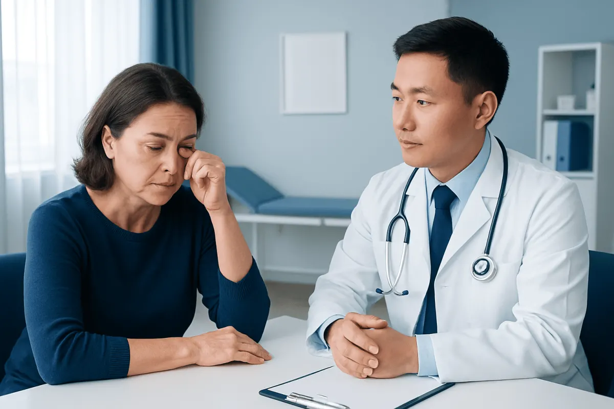 Doctor consulting with a woman patient about eye health issues.