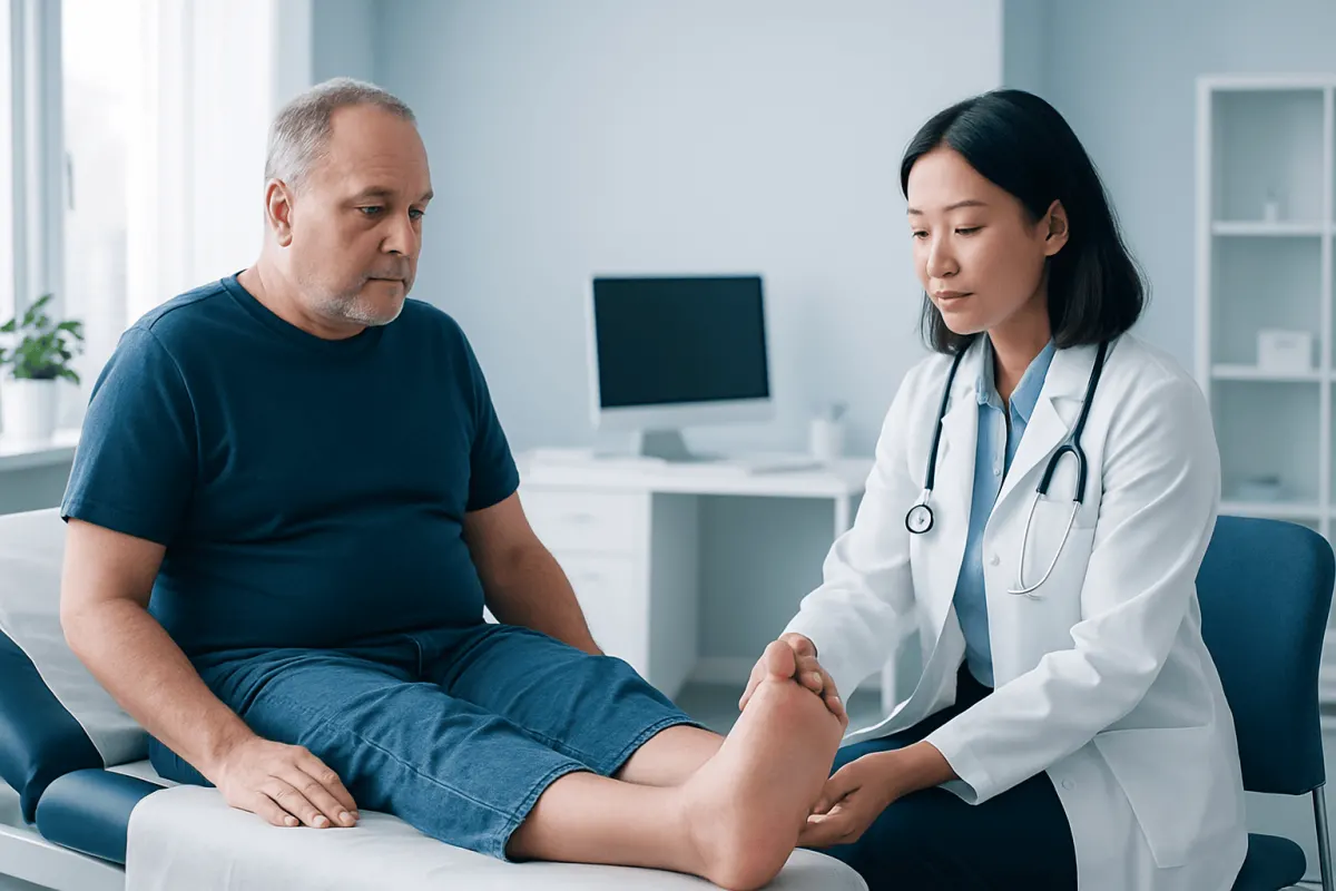 Doctor examining a patient's swollen foot in a clinical setting.