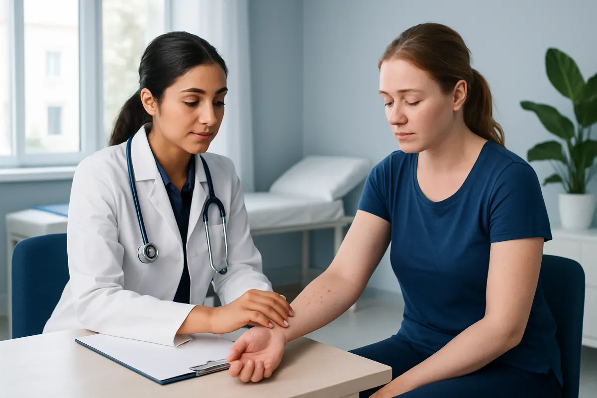 Doctor examining patient's arm for skin issues at hospital.