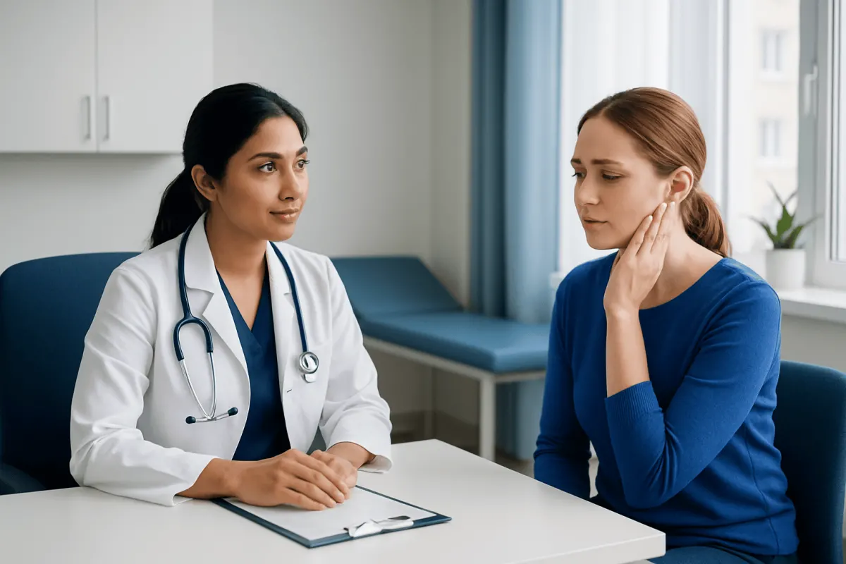 Doctor consulting with a patient about jaw pain and tightness.