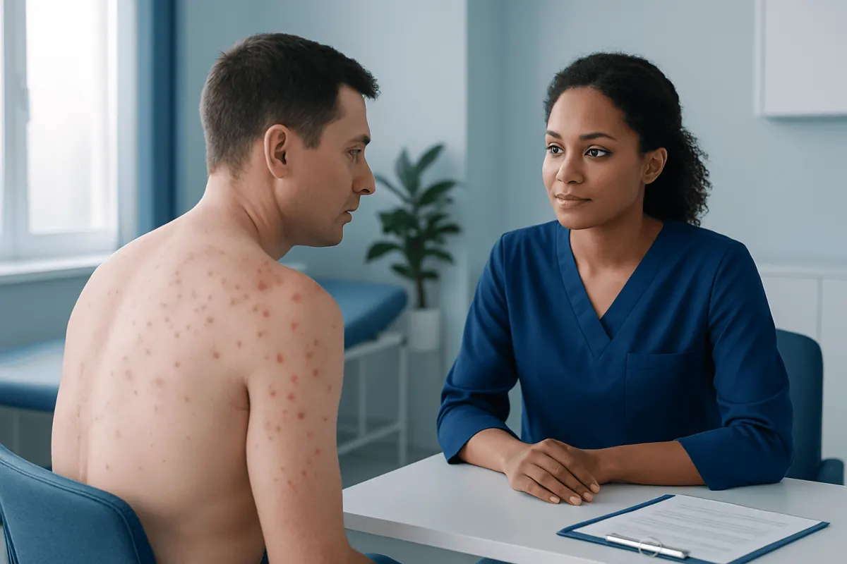 Doctor consulting with patient showing skin rash on back.