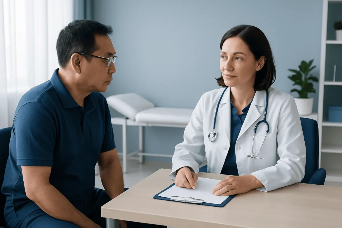 Doctor consulting with male patient in a medical office setting.