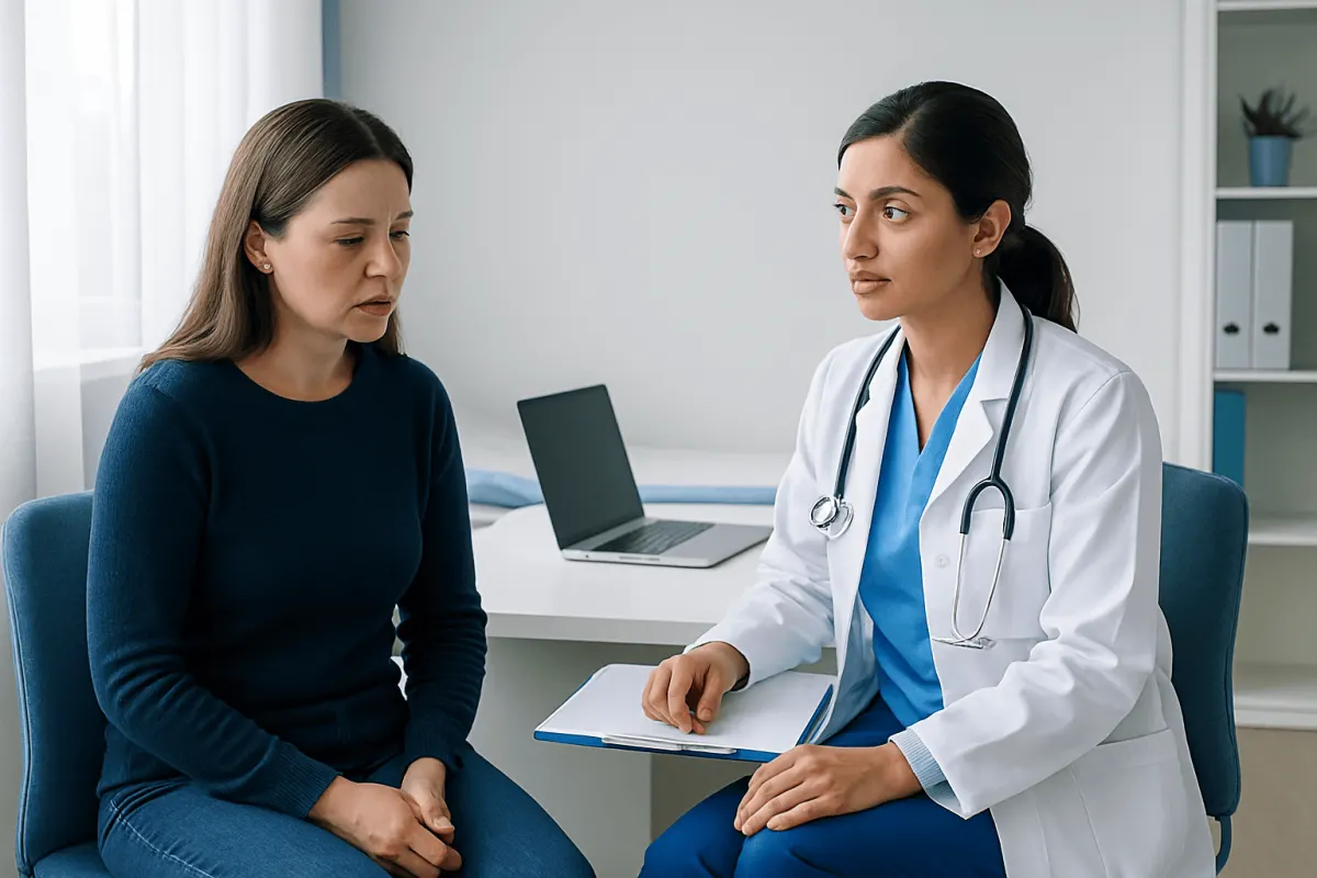 Female patient consulting with a doctor about urinary health issues.