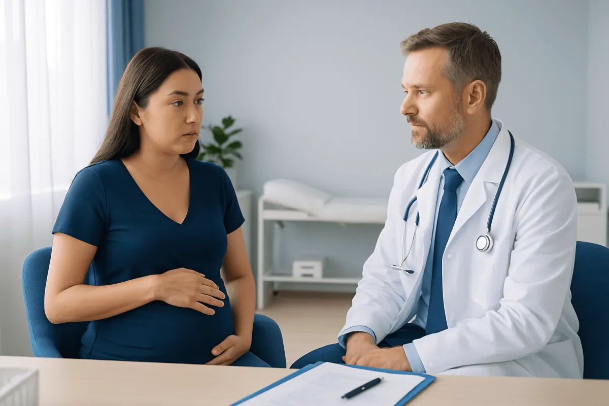 Pregnant woman consulting with a doctor in a medical office.