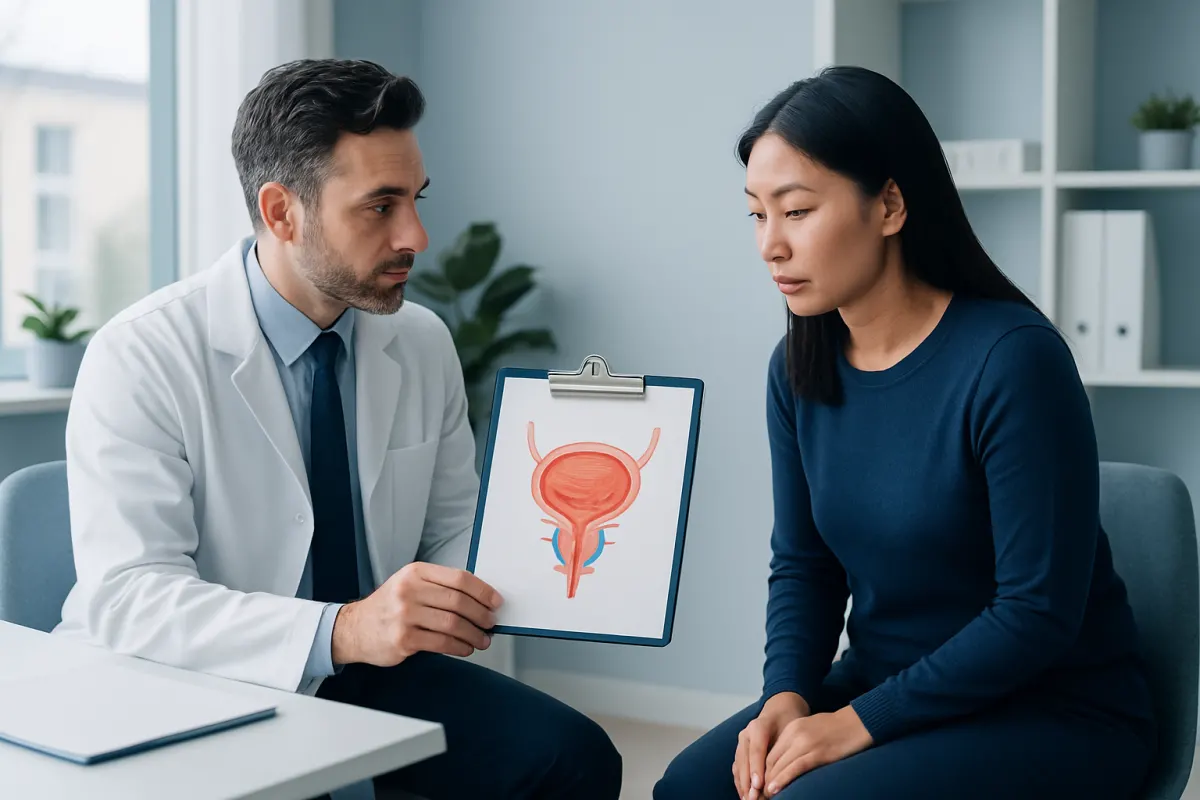 Urologist explaining bladder health to a patient in a medical consultation.