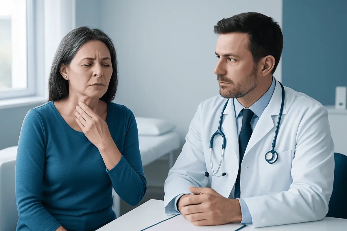 Doctor consulting with a woman experiencing difficulty swallowing in a clinical setting.
