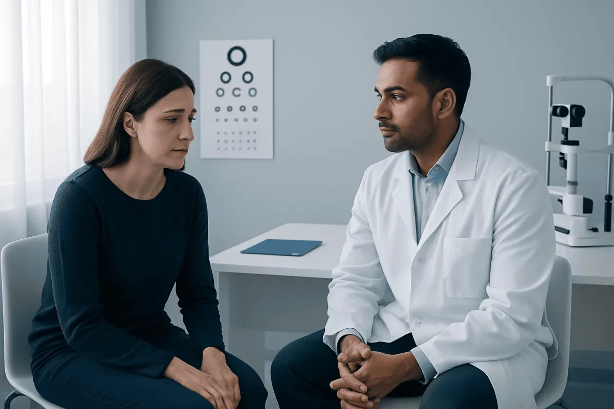 Eye health consultation with a doctor and patient in a clinical setting.