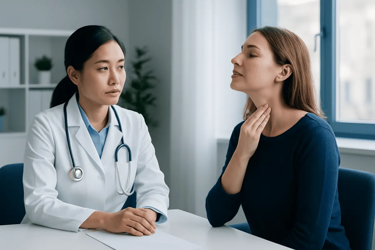 Doctor examining a patient with throat discomfort in a clinical setting.