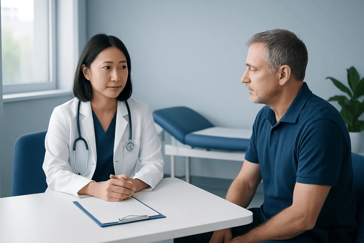 Doctor consulting with a patient in a medical office setting.