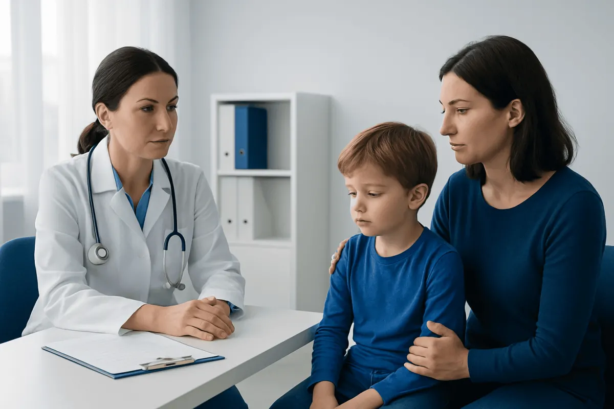 Doctor consulting with a mother and child in a medical office.