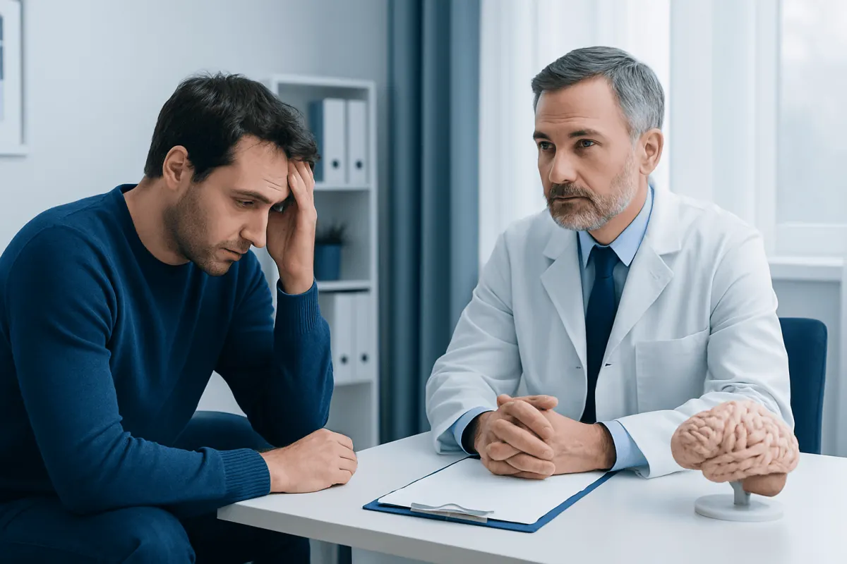 Patient consulting with a neuropsychiatrist about memory and mood issues.
