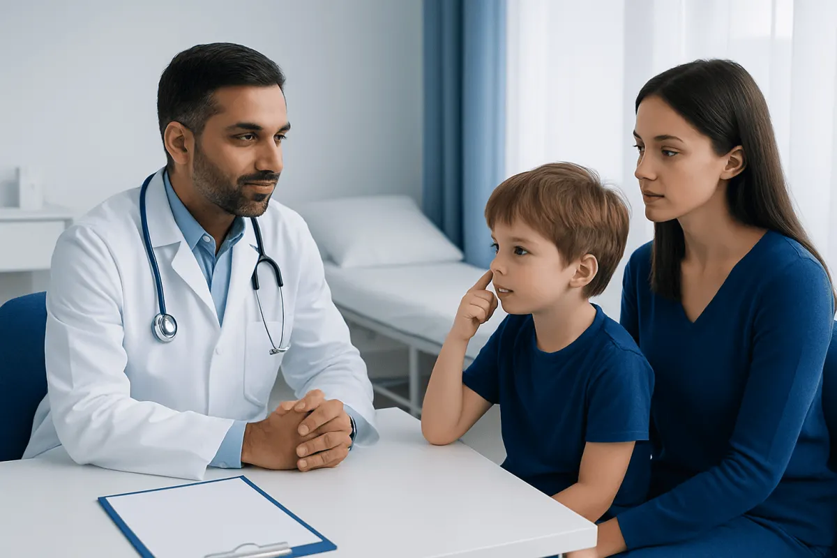 Doctor consulting with a mother and child in a hospital setting.
