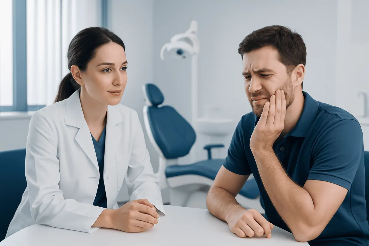 Patient experiencing severe tooth pain during dental consultation at Acibadem Hospital.