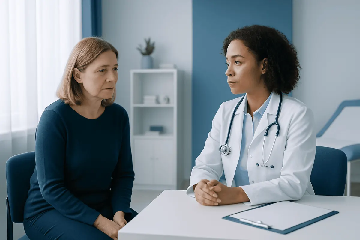 Doctor consulting with a female patient in a medical office.