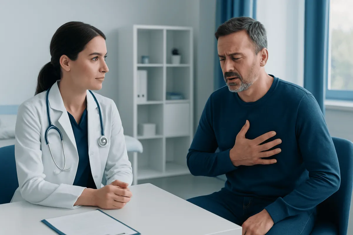 Doctor consulting with a patient experiencing chest pain in a medical office.