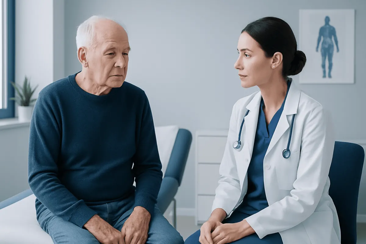 Geriatric patient consulting with a neurologist about muscle weakness.