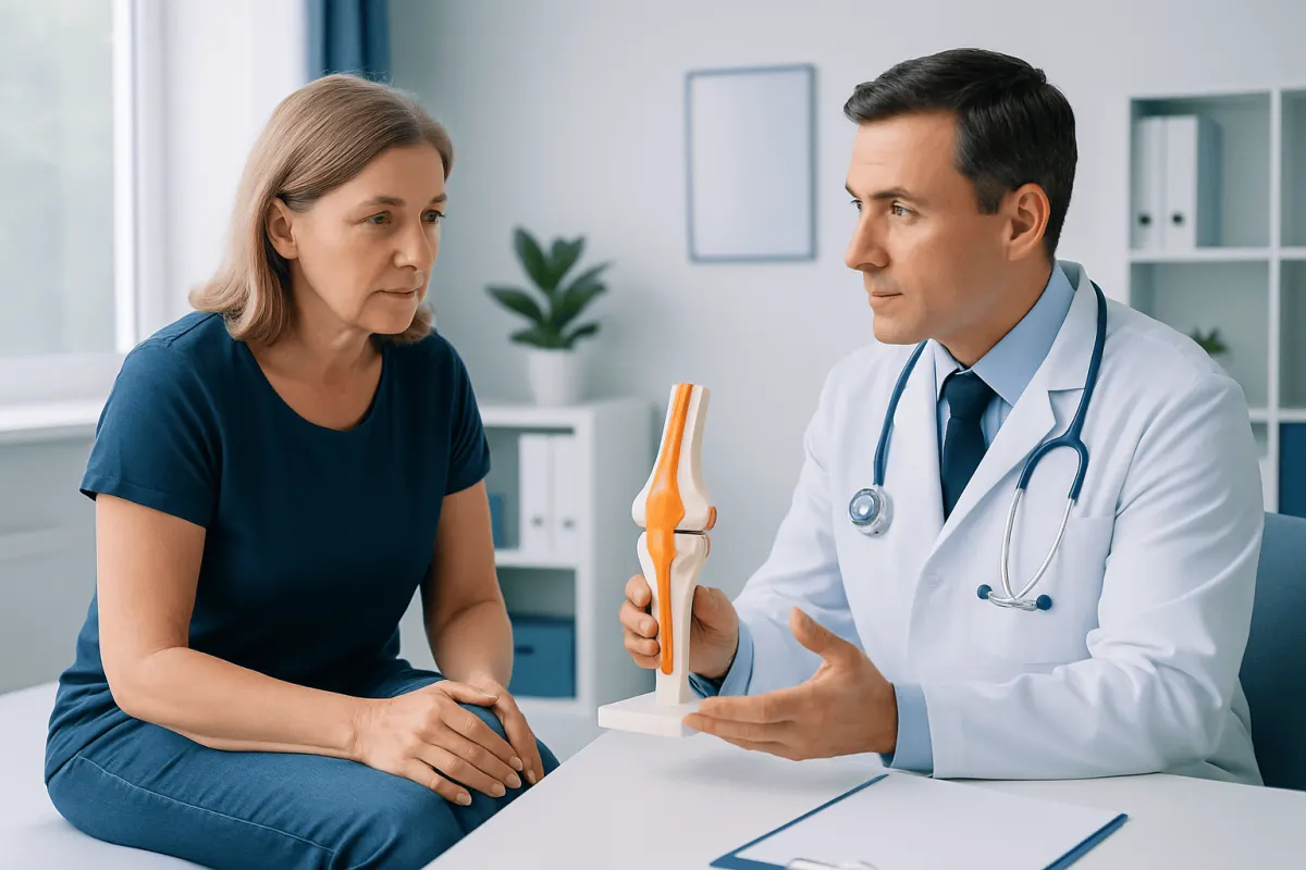 Orthopedic doctor explaining knee joint model to a patient in a clinic.