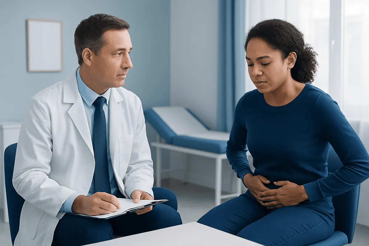 Doctor consulting with a woman about lower back pain in a medical office.