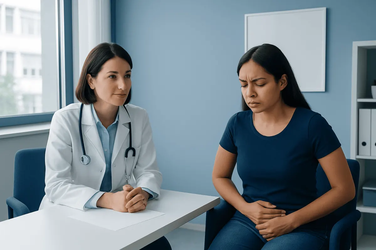 Doctor consulting a patient with stomach pain in a clinic setting.