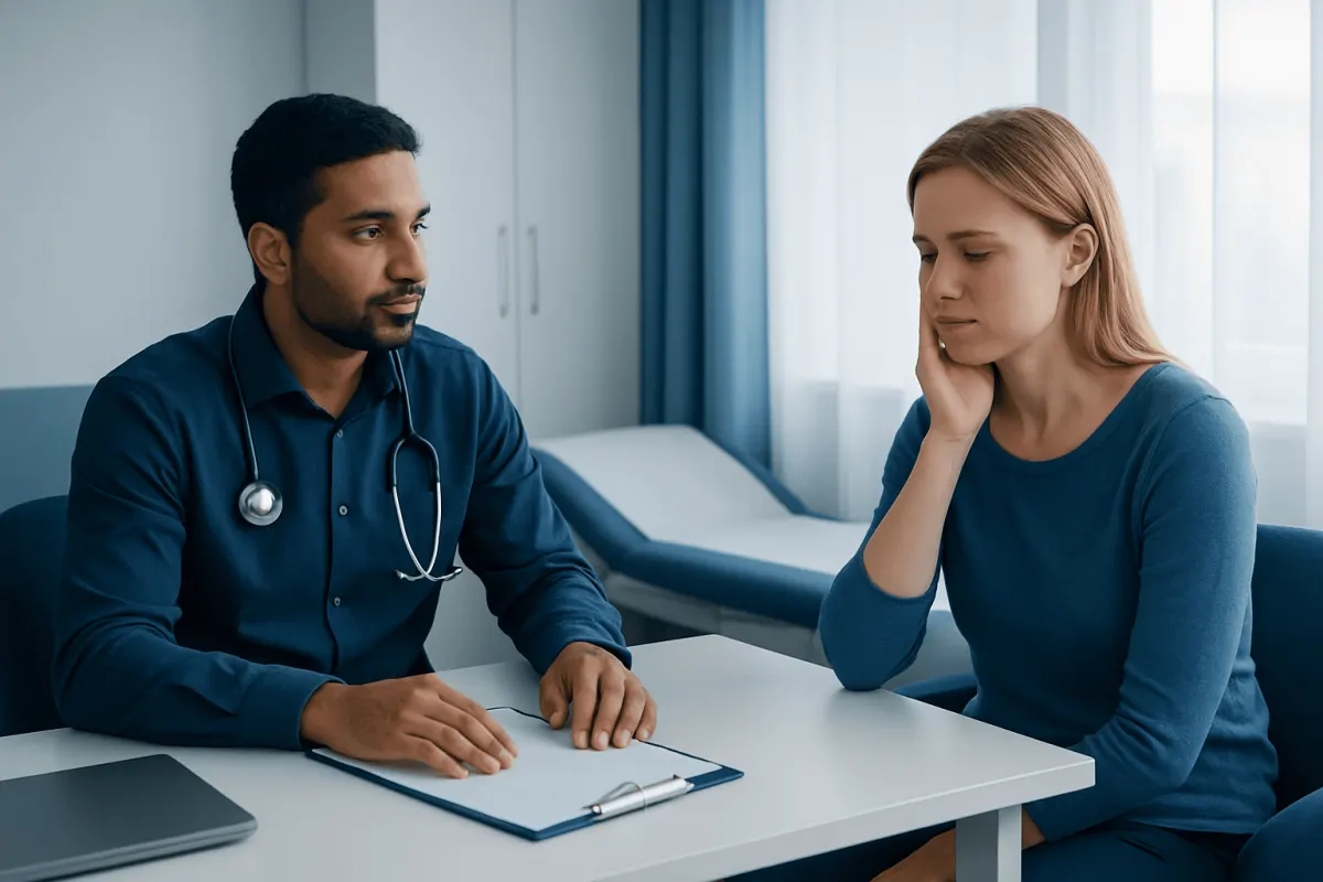 Doctor consulting with a patient about facial numbness symptoms in a clinic.