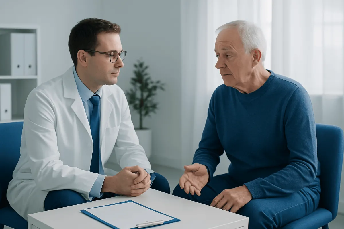 Doctor consulting with an elderly patient in a medical office.
