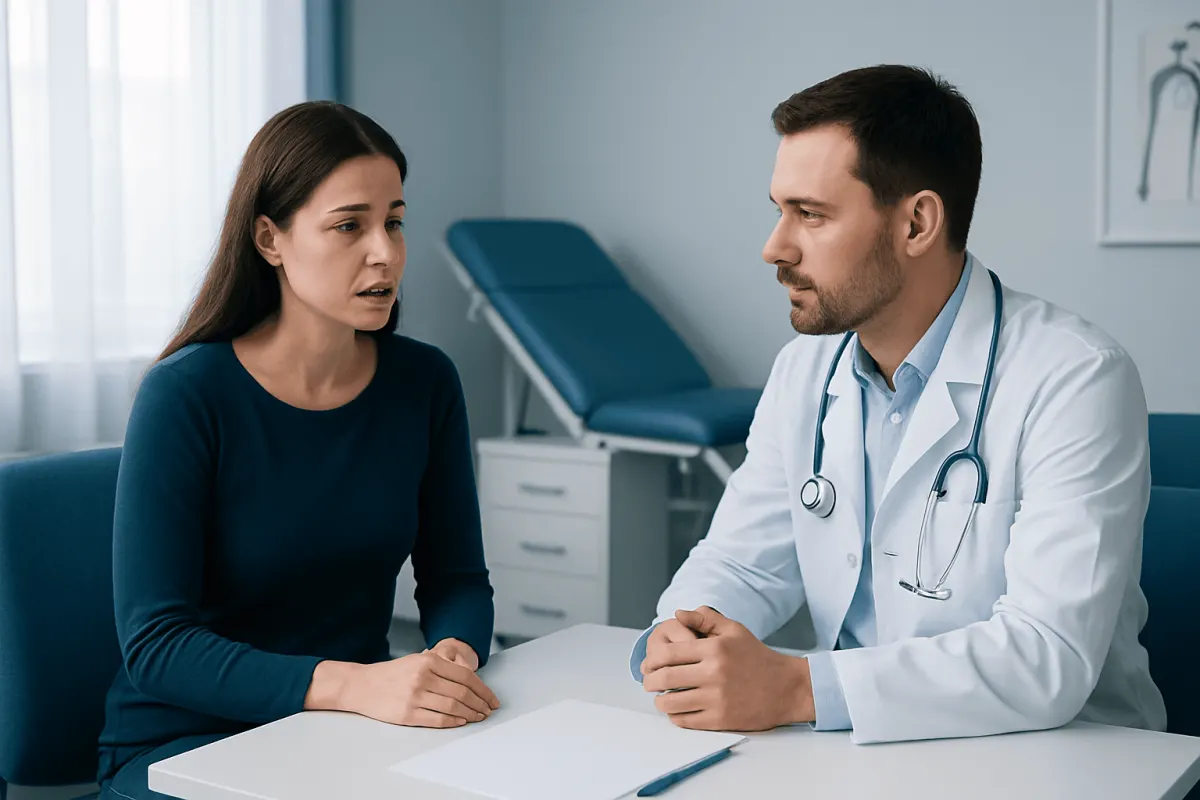 Doctor consulting with a woman patient about bleeding after sex and IUDs.