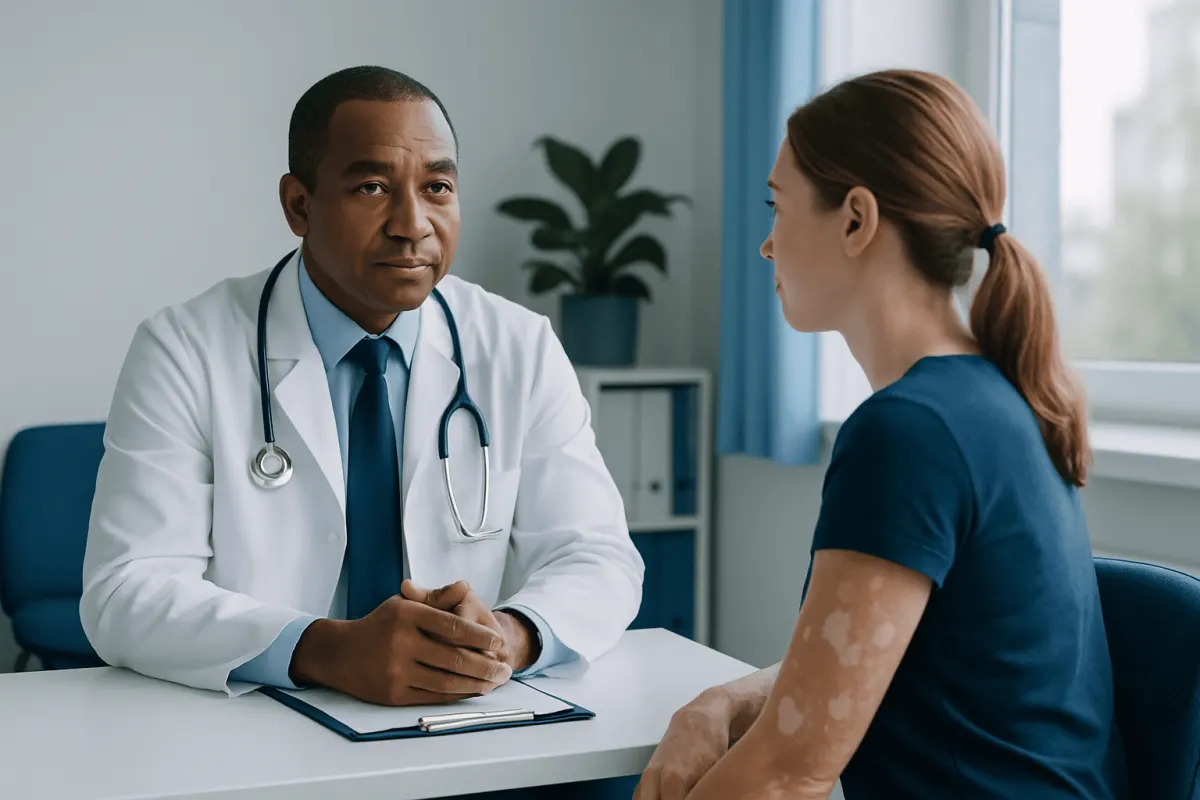Doctor consulting with a female patient in a medical office setting.