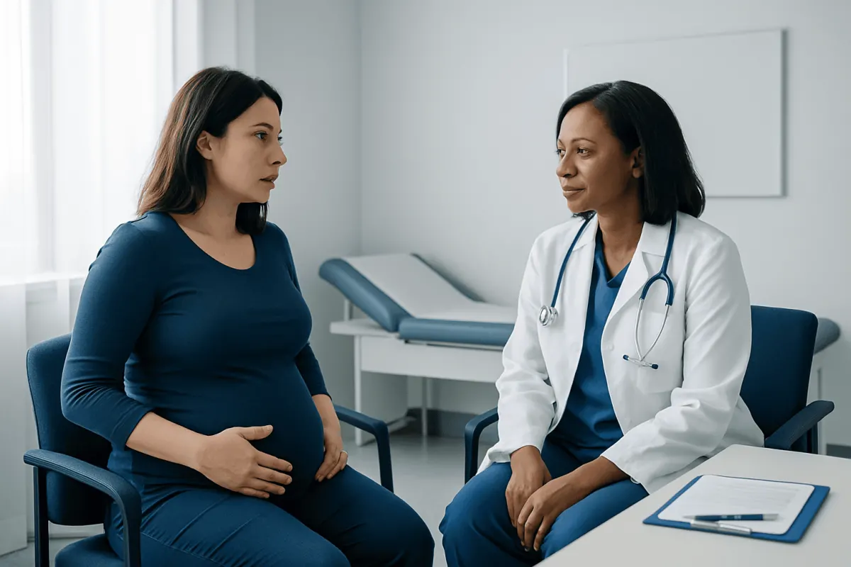 Pregnant woman consulting with a doctor in a medical office.