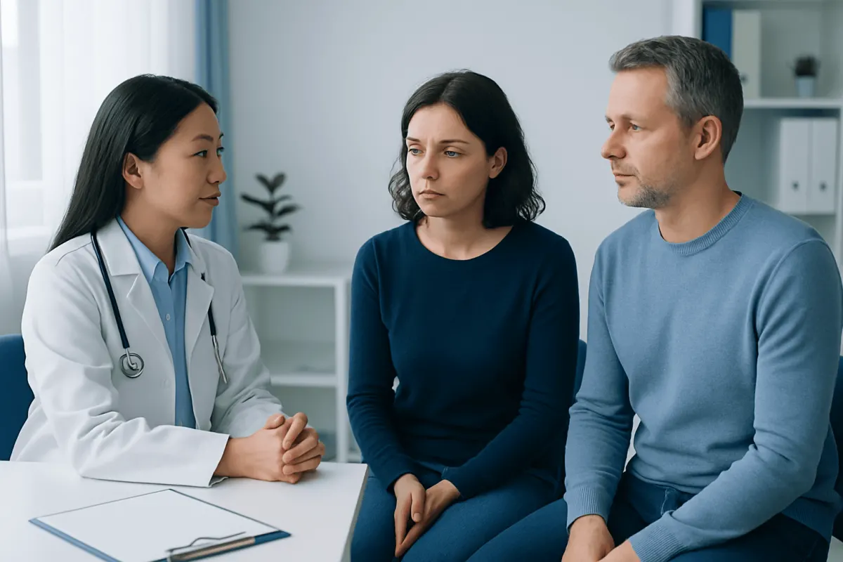Doctor consulting with a woman and man about health concerns in a medical office.