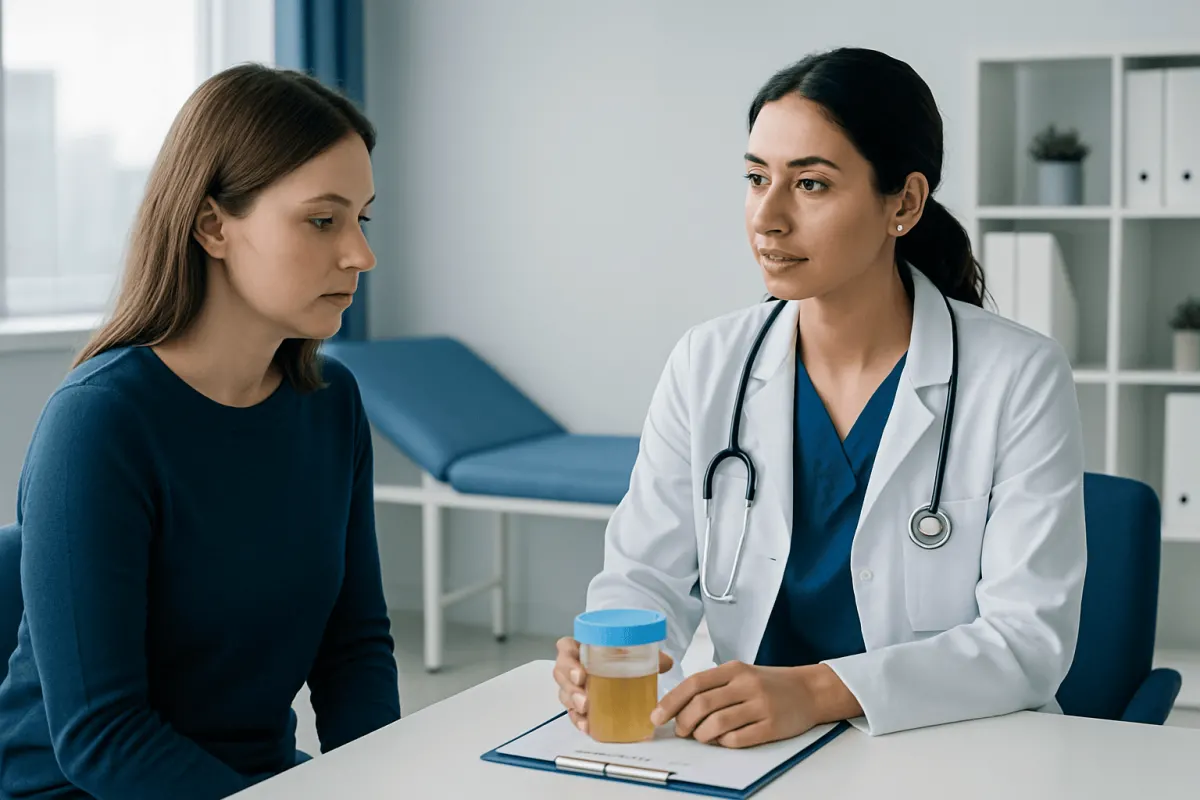 Doctor consulting with patient about urinary health in a clinical setting.
