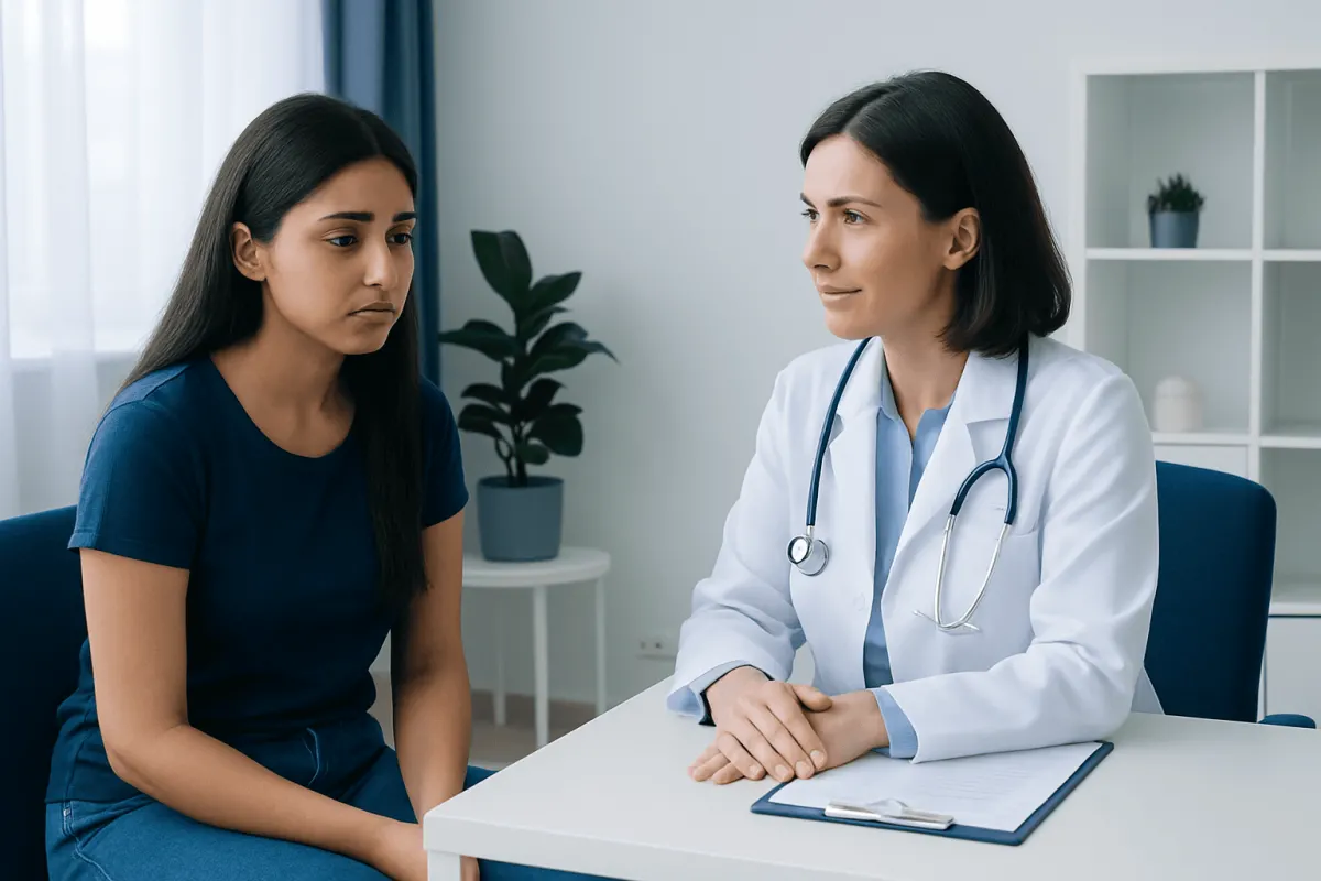 Doctor consulting young woman about health concerns in a medical office.