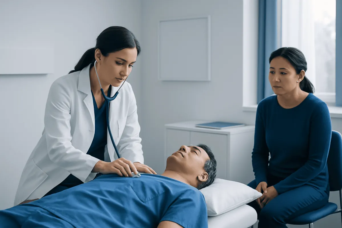 Doctor examining patient in hospital room with visitor present.