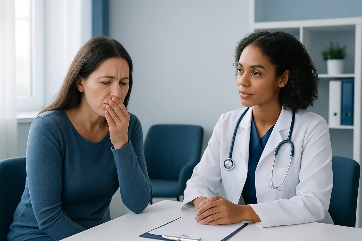 Patient experiencing nausea during consultation with doctor at hospital.