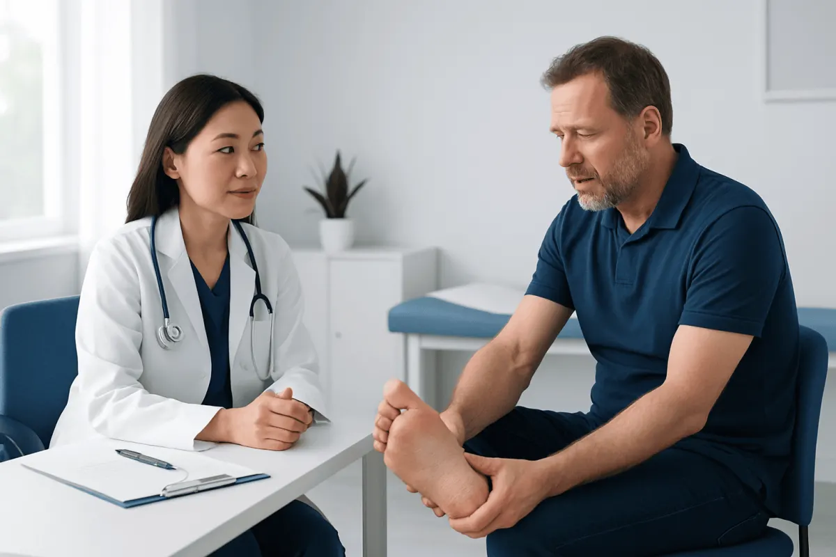 Doctor examining patient's foot in a medical consultation room.