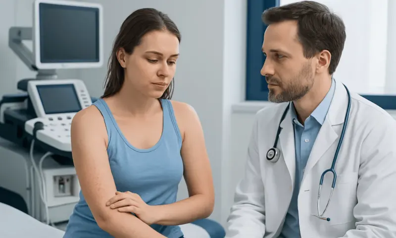 Doctor examining a woman's arm in a medical consultation room.
